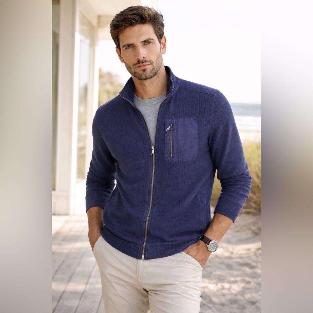 Banana Republic Men’s Blue‎ Waffle Knit Full Zip Sweater Jacket L Casual Luxe